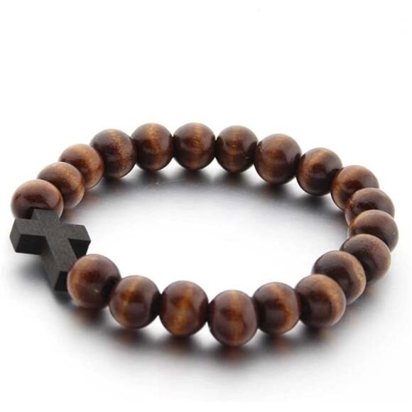 Wood Bead Cross Bracelet Men Women Religious Faith Prayer Handmade Jewelry - Picture 3 of 6